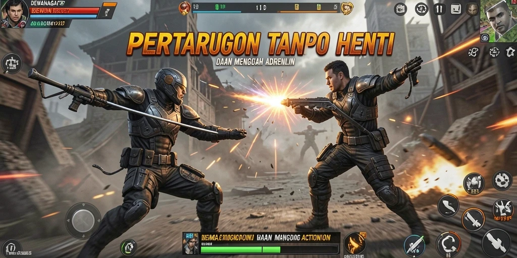 Screenshot menunjukkan aksi cepat dan pertarungan mendebarkan dalam DEWANAGA77.