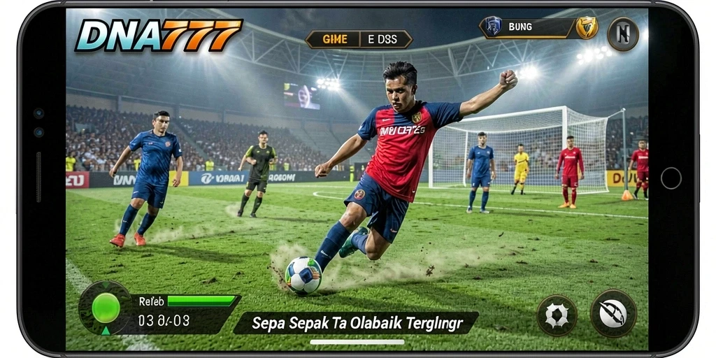 Tangkapan layar utama <strong>DNA777</strong> menampilkan aksi penuh di lapangan sepak bola.