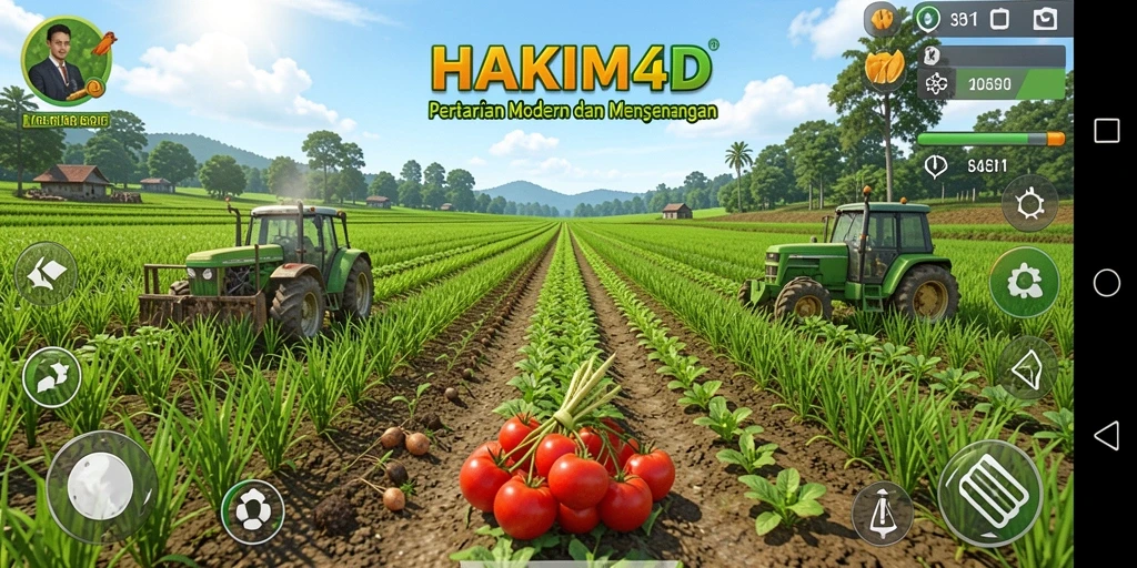 Gameplay HAKIM4D menampilkan suasana pertanian yang ceria dan interaktif.