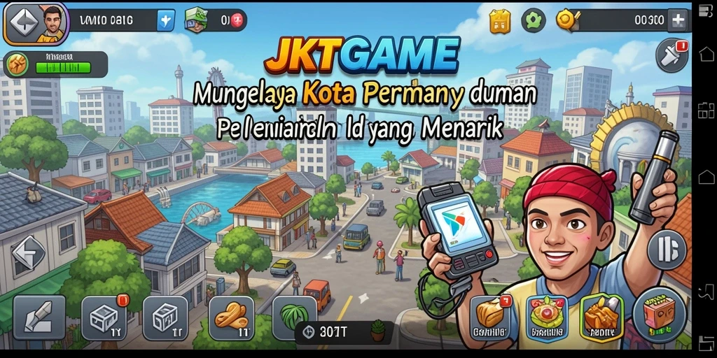 Tampilan gameplay JKTGAME yang menampilkan kota yang berkembang.