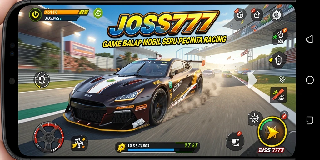 Tampilan gameplay JOSS777 dengan mobil balap yang cepat dan lintasan menantang.