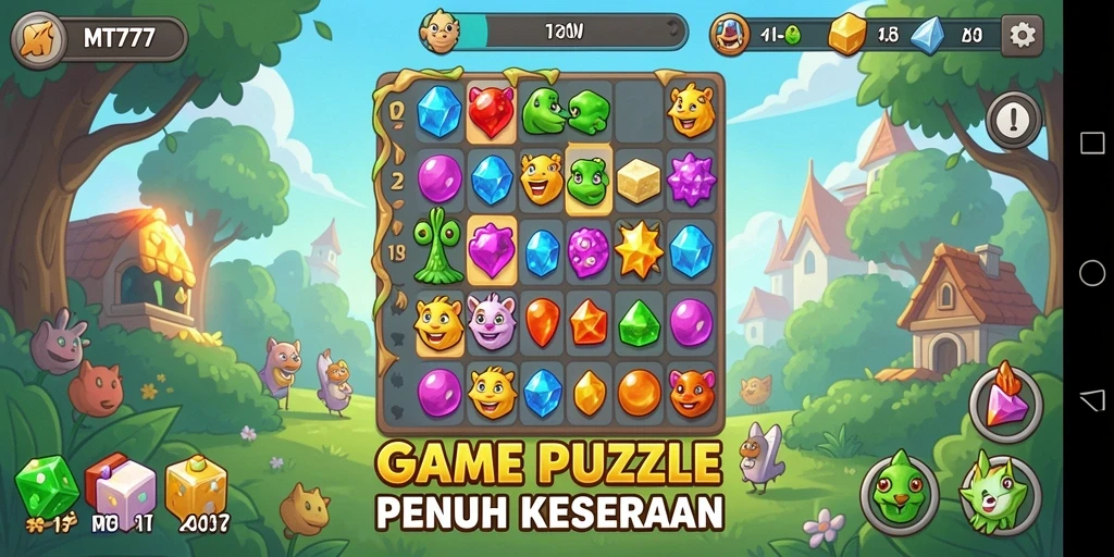 Screenshot gameplay MT777 menampilkan level Match-3 yang penuh warna dan menarik.