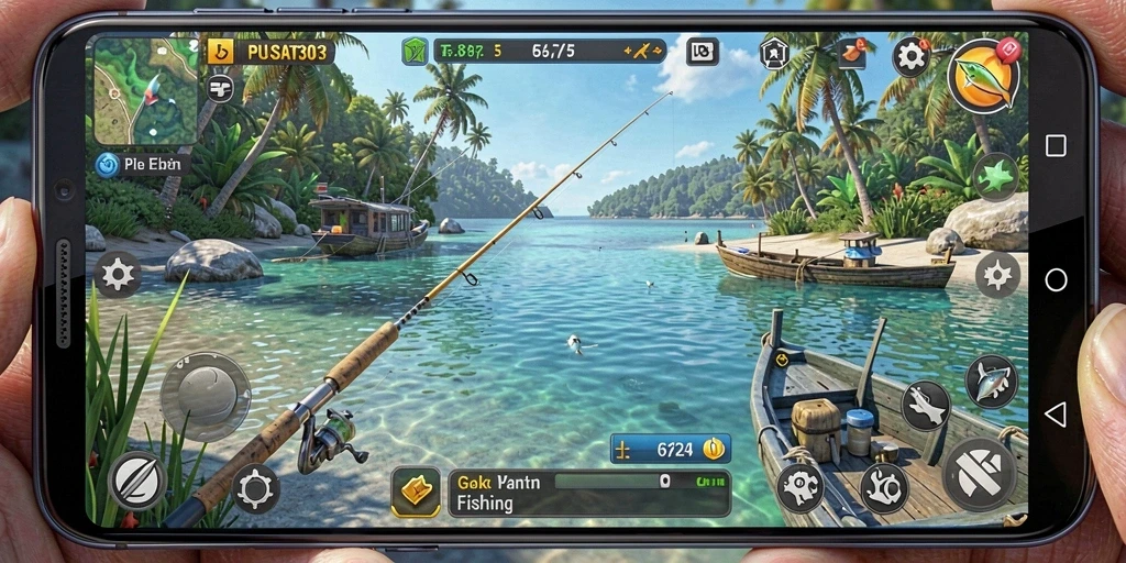Screenshot PUSAT303 menampilkan aksi memancing yang seru di laut.