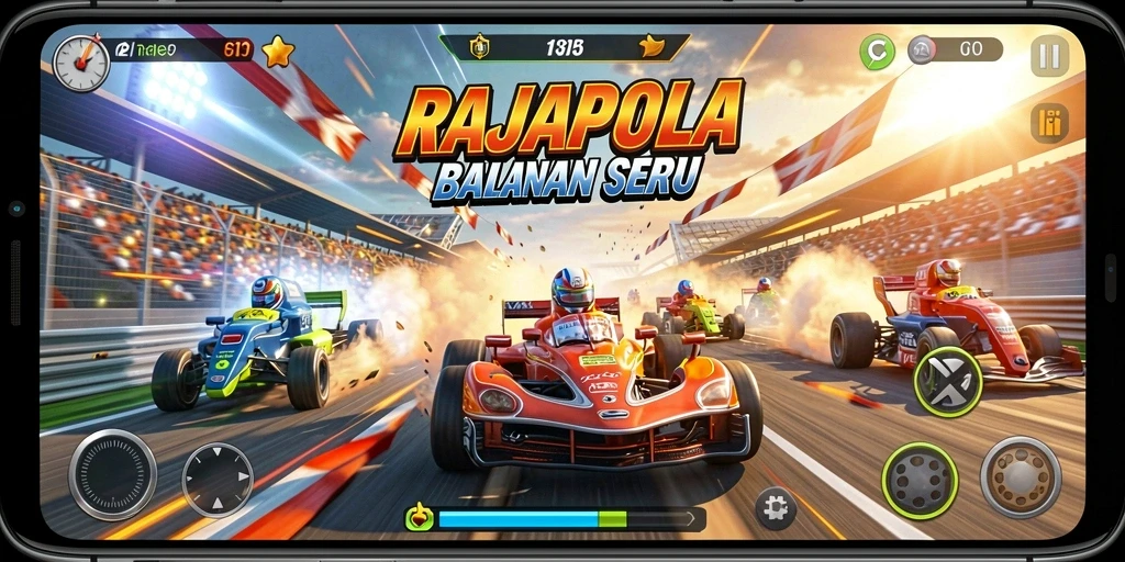 Tampilan gameplay RAJAPOLA yang menegangkan dengan balapan cepat.