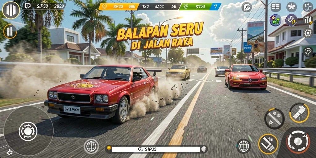 Screenshot utama SIP33 menampilkan aksi balapan yang intens.