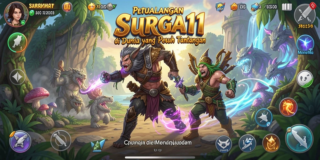 Screenshot utama SURGA11 menampilkan aksi petualangan yang mendebarkan dalam dunia fantastis.