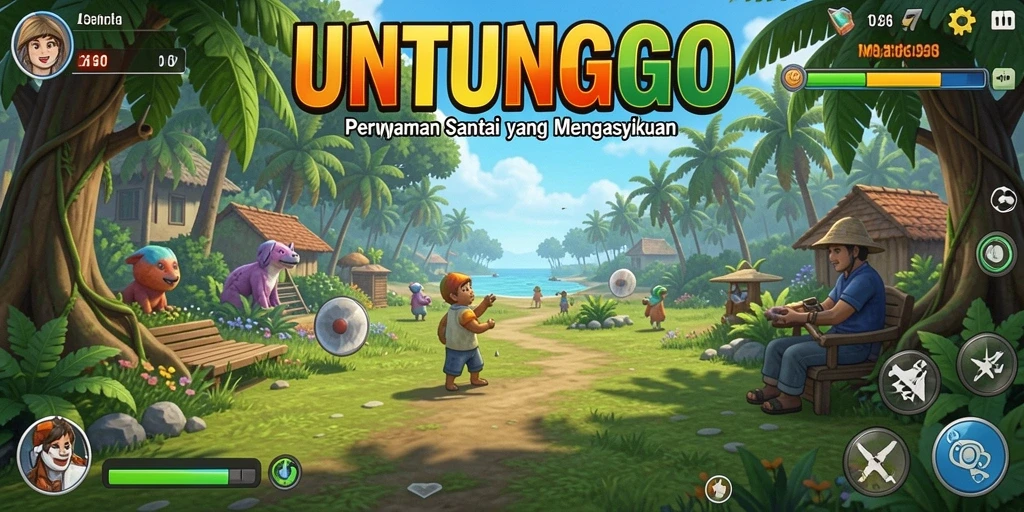 Tangkapan layar UNTUNGGO menampilkan karakter lucu dan level penuh warna.